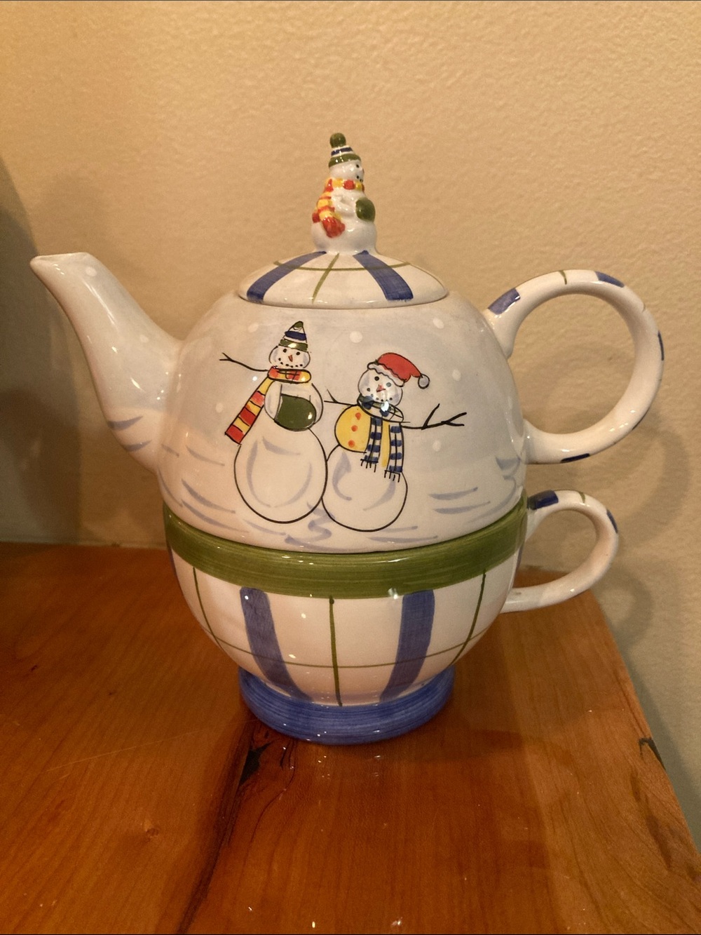 Mesa Inter dFestive Snowman Ceramic Tea-for-One Set in White, Blue and Green